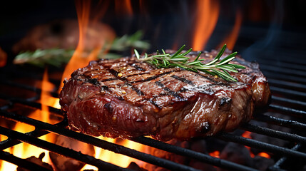Rib-Eye Beef Steak with Spices rosemary closeup on grill Barbeque, AI generative.
