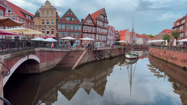 Embankment historical center of Hanseatic city Stade, Lower Saxony, Germany, Europe July 12, 2023. High quality 4k footage