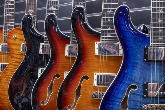 Paul Reed Smith Guitar display. PRS Guitars manufactures a wide array of guitars, bass guitars and amplifiers.