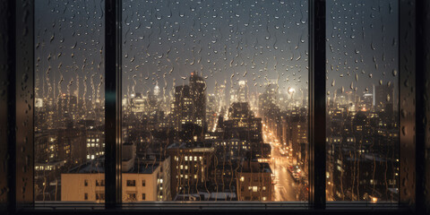 View of a skyscraper busy city at night through rainy window - obrazy, fototapety, plakaty