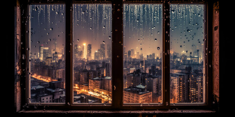 Naklejka premium A light city at night looking through a window with rain drops