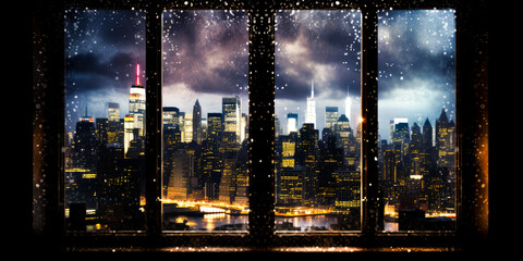 Fototapeta na wymiar Stormy view through a window onto a city