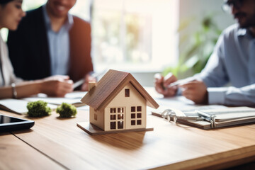 Real estate agent or realtor signing mortgage agreement for new home with clients. Concept of home loan and buying own property. Close up of miniature model house. 