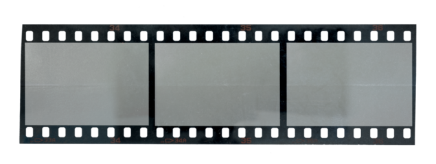 long 35mm filmstrip with empty frames isolated, drag and drop your content under the film material. png asset.