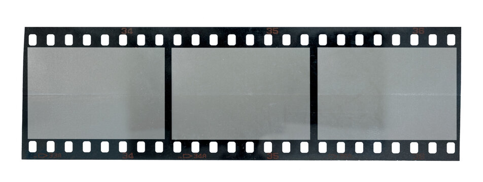 long 35mm filmstrip with empty frames isolated, drag and drop your content under the film material. png asset.