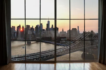 Crédence de cuisine en verre imprimé Manhattan window view of sunset Manhattanhenge and Manhattan skyline NYC