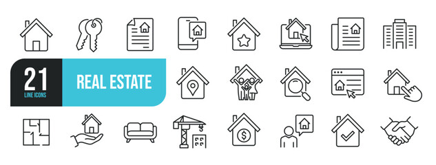 Set of line icons related to real estate, property, buying, renting, house, home. Outline icons collection. Editable stroke. Vector illustration. - obrazy, fototapety, plakaty