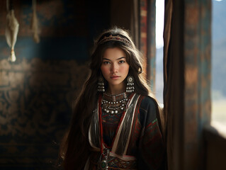 bellissima ragazza della Mongolia con sguardo penetrante vestita con i costumi tipici del suo paese, ritratto stile fotografico - obrazy, fototapety, plakaty