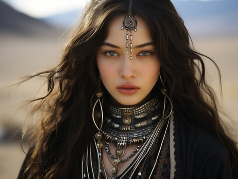 bellissima ragazza della Mongolia con sguardo penetrante vestita con i costumi tipici del suo paese, ritratto stile fotografico