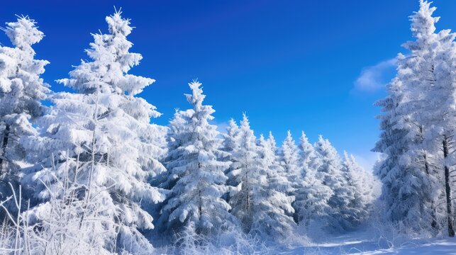 Snow-covered pine trees under an icy blue sky