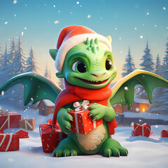 Cute green dragon baby in red santa claus hat with gift on snowy xmas day. AI generated picture.
