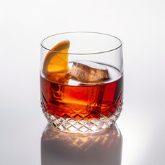 Sazerac alcoholic cocktail. Sazerac cocktail with cognac, bourbon, absinthe and lemon peel. Refreshing sazerac cocktail in an old-fashioned glass. Realistic 3D illustration. Generative AI