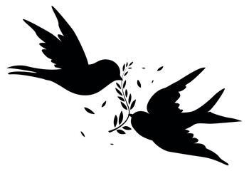 swallow couple with an olive branch, bird silhouette