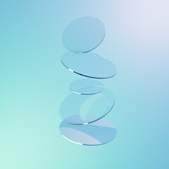 Flying crystal glass disks on blue abstract background 3d render. Iridescent transparent circle panels with flare and light refraction from prism, wallpaper 3D illustration