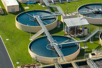 Aerial view of water treatment factory at city wastewater cleaning facility. Purification process...