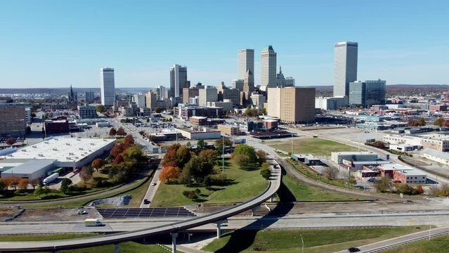 Aerial view of the downtown cityscape and fall color of Veterans Park