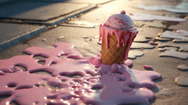 A pink ice cream cone sitting on top of a sidewalk. Generative AI.