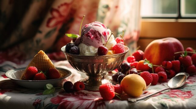 A bowl of ice cream and fruit on a table. Generative AI.
