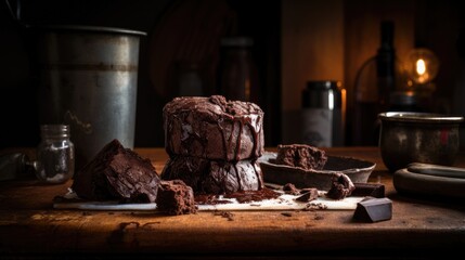 A piece of chocolate cake sitting on top of a wooden table. Generative AI.
