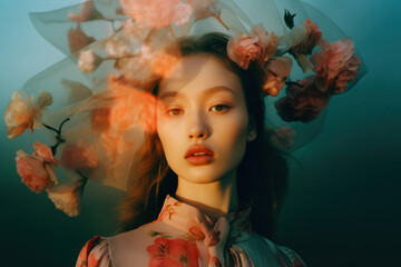 portrait of a woman/model/book character surrounded by flowers in warm daylight with a thoughtful expression in a fashion/beauty editorial magazine style film photography look - generative ai art