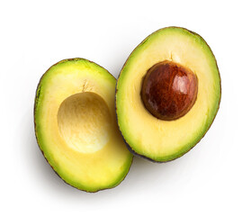 Two halves of a cut avocado. View from above