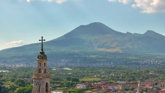 Church in Bartolo square in Pompeii, Pontifical Shrine of the Blessed Virgin of the Rosary of Pompei In Italy, Sanctuary of Pompei, pompeii naples, Vesuvius volcano crater next to Naples volcano Mount