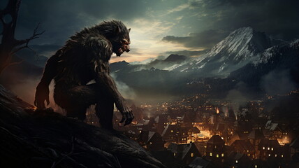 Naklejka premium A werewolf howling in a mountain town. full moon. 