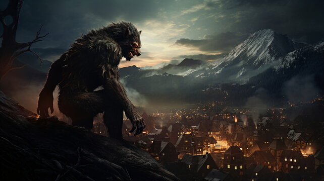 A werewolf howling in a mountain town. full moon. 