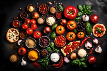 A sumptuous array of food ingredients and spices is artfully arranged on a black concrete background, showcasing the essence of Italian cuisine.AI generated
