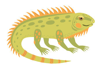 Fototapeta premium Cartoon iguana. Cute green lizard. Funny reptile. Raster illustration on a transparent background.