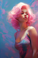 Obraz na płótnie Canvas Glamorous pretty woman with beautiful wavy pink hair, mysterious and sensual attitude - Generative AI