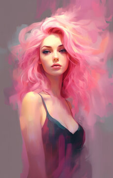 Glamorous pretty woman with beautiful wavy pink hair, mysterious and sensual attitude - Generative AI