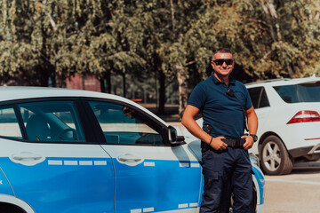 A policeofficer patrols the city. A police officer with sunglasses patroling in the city with an official police car