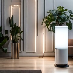 An air purifier in the living room with plants, AI-generated. The room is bathed in warm, golden light, giving it a cozy and inviting feel. Ai generated