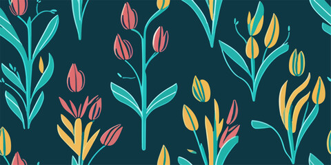 Botanical Bliss, Vector Illustration of Tulip Pattern in Paradise