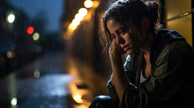 Eine traurige junge Frau sitzt auf der Straße im Regen in der Dämmerung, Konzept von Trauer und Verlassenheit, Generative AI