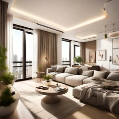 Fototapeta premium view of A beautiful apartment, interior. The space is a blend of modern design and vintage charm. Ai generated