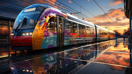A colorful train is on the tracks at sunset. Generative AI.