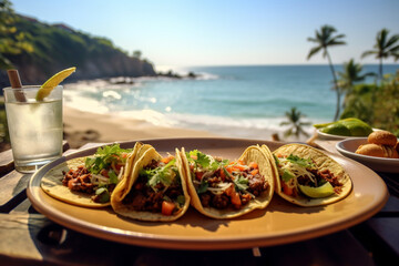 Fototapeta na wymiar Tacos with meat and vegetables on the beach