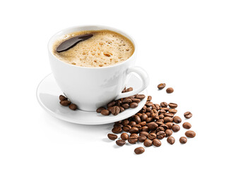 Coffee cup and beans on a white background.