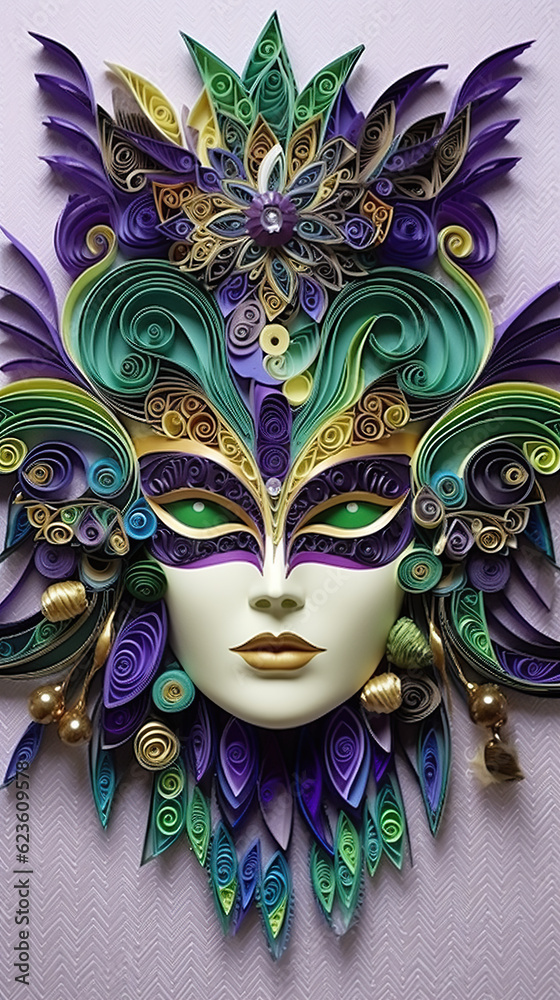 Wall mural a colorful mask with feathers on a purple background. generative ai.