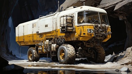 A yellow and white truck parked in front of a cave. Generative AI.