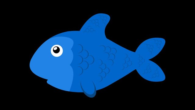 video animation of blue cartoon fish swimming, moving the fins. On a transparent background with zero alpha channel
