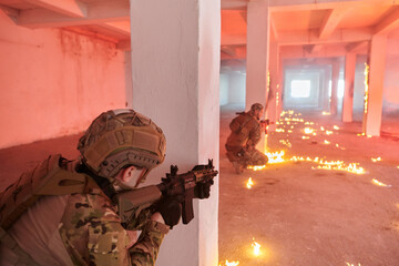  A group of professional soldiers bravely executes a dangerous rescue mission, surrounded by fire...