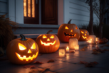 Carved pumpkins prepared to celebrate halloween, on the porch, infront of a home.