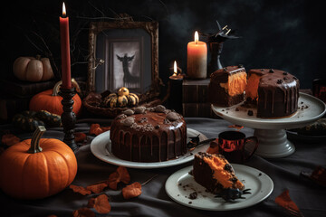 Spooky dinner table, set with halloween treats