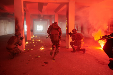  A group of professional soldiers bravely executes a dangerous rescue mission, surrounded by fire...