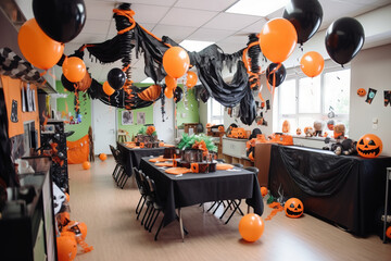 Classroom party decorated for halloween