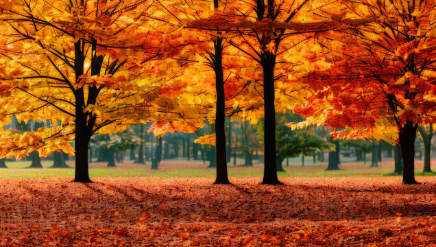 Autumn Leaves Covered Ground Park Red Orange Matte Painting Generative AI Illustration