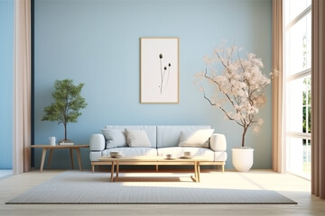 home room sofa interior modern design wall plant furniture blue apartment. Generative AI.